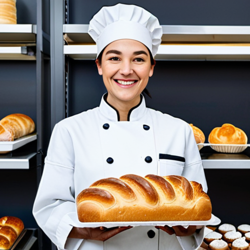 **
A professional female baker, fully clothed in a clean, white chef's coat and hat, standing in a modern bakery. She is smiling warmly while holding a freshly baked loaf of bread. The background includes shelves filled with various pastries and cakes. Perfect anatomy, correct proportions, natural pose, well-formed hands, proper finger count, natural body proportions. Safe for work, appropriate content, fully clothed, professional, family-friendly.
**