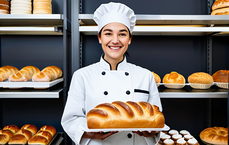 **
A professional female baker, fully clothed in a clean, white chef's coat and hat, standing in a modern bakery. She is smiling warmly while holding a freshly baked loaf of bread. The background includes shelves filled with various pastries and cakes. Perfect anatomy, correct proportions, natural pose, well-formed hands, proper finger count, natural body proportions. Safe for work, appropriate content, fully clothed, professional, family-friendly.
**