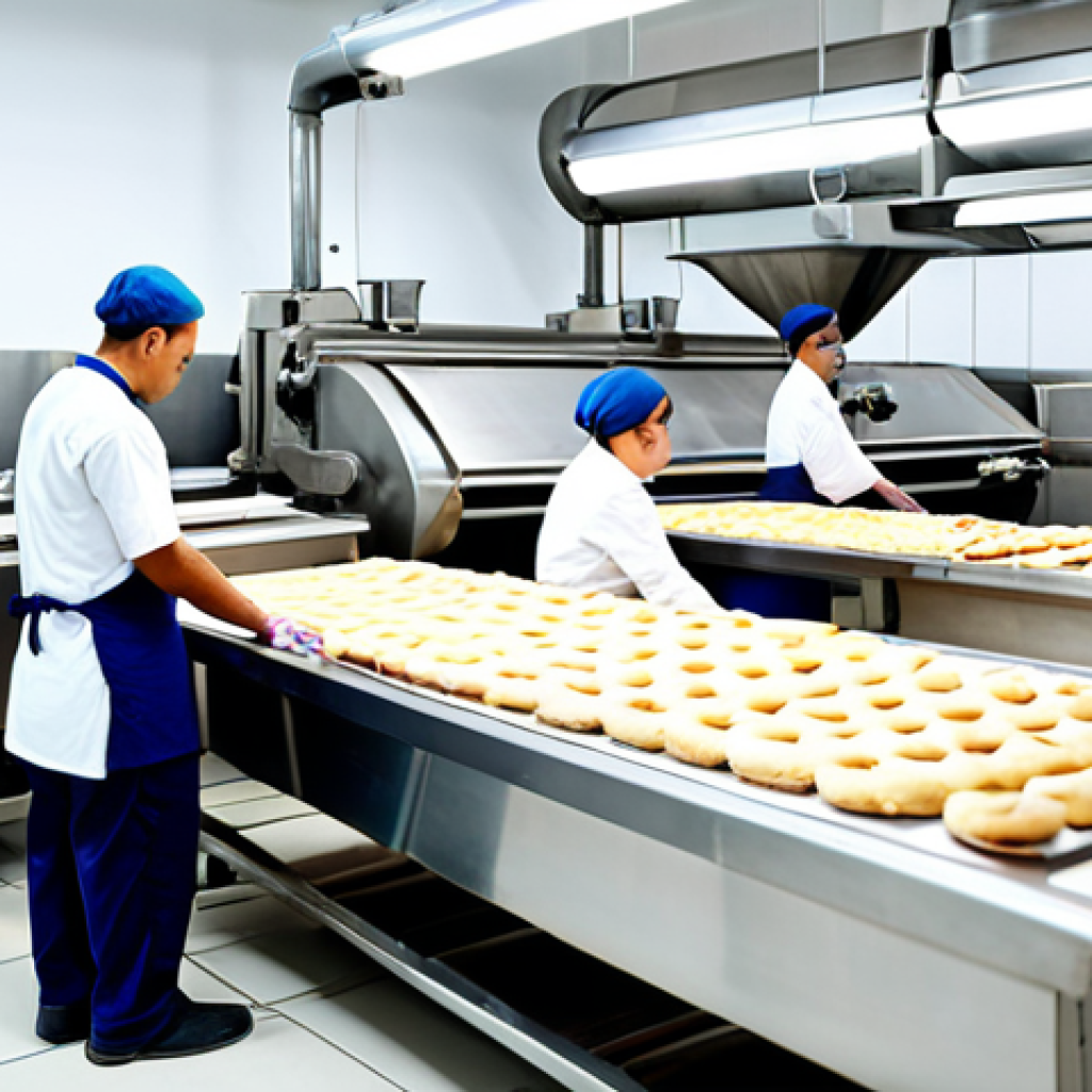 **

A brightly lit, clean bakery factory interior. Stainless steel machinery, including a large mixer and an automated dough sheeter, are visible. Several bakers, fully clothed in professional, modest uniforms, are working diligently.  Focus on hygiene and organization. Safe for work, appropriate content, fully clothed, family-friendly, professional photography, perfect anatomy, correct proportions, natural pose, well-formed hands, proper finger count, natural body proportions.

**