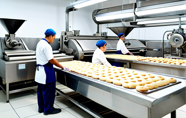 **
A brightly lit, clean bakery factory interior. Stainless steel machinery, including a large mixer and an automated dough sheeter, are visible. Several bakers, fully clothed in professional, modest uniforms, are working diligently. Focus on hygiene and organization. Safe for work, appropriate content, fully clothed, family-friendly, professional photography, perfect anatomy, correct proportions, natural pose, well-formed hands, proper finger count, natural body proportions.
**