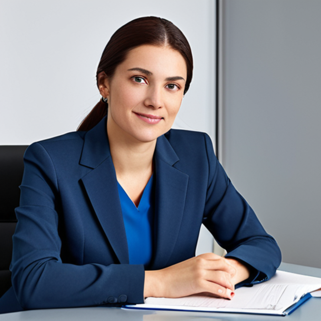 A professional businesswoman in a modest business suit, sitting at a desk in a modern office, fully clothed, appropriate attire, safe for work, perfect anatomy, natural proportions, professional photography, high quality