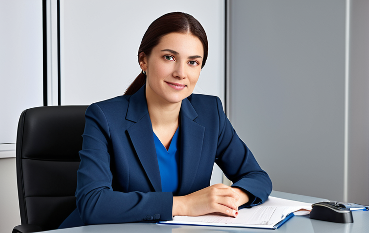 A professional businesswoman in a modest business suit, sitting at a desk in a modern office, fully clothed, appropriate attire, safe for work, perfect anatomy, natural proportions, professional photography, high quality