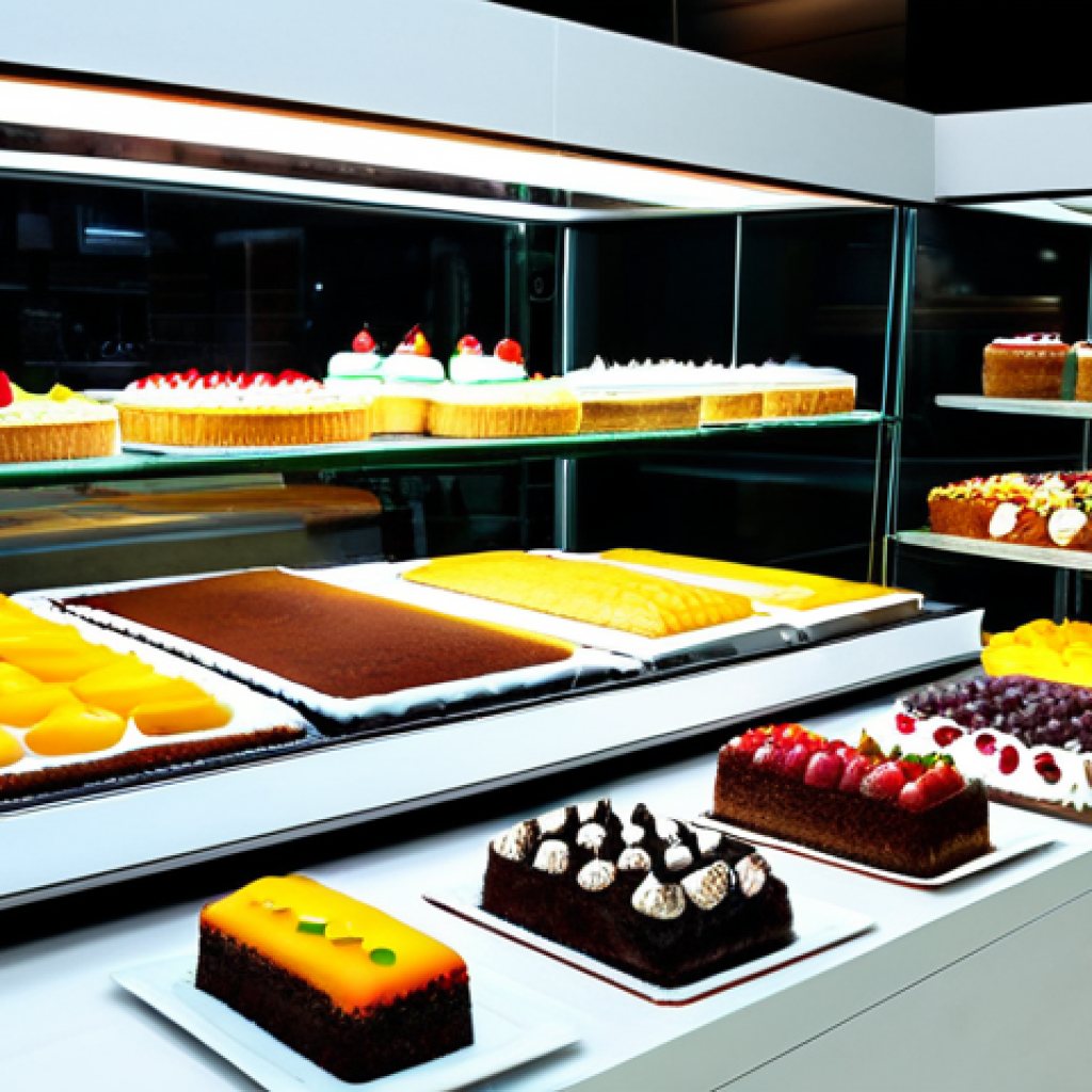 제과업계와 관련된 최신 뉴스 - Modern Bakery Display**
"A brightly lit, modern bakery display case showcasing various cakes: fruit...