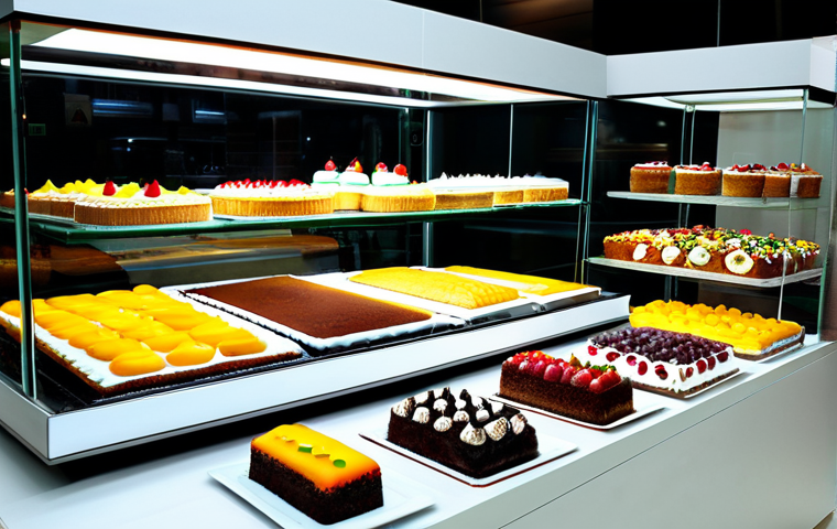 제과업계와 관련된 최신 뉴스 - Modern Bakery Display**
"A brightly lit, modern bakery display case showcasing various cakes: fruit...