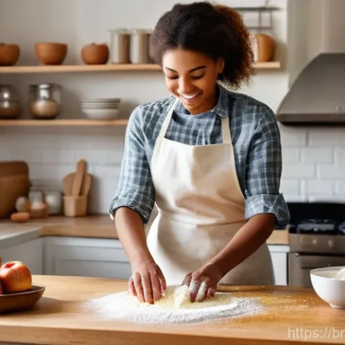 Home 29 제과 자격증과 관련된 온라인 강좌 추천 - "A warm and inviting scene inside a cozy, sunlit kitchen. A young woman, dressed in a comfortable ye...