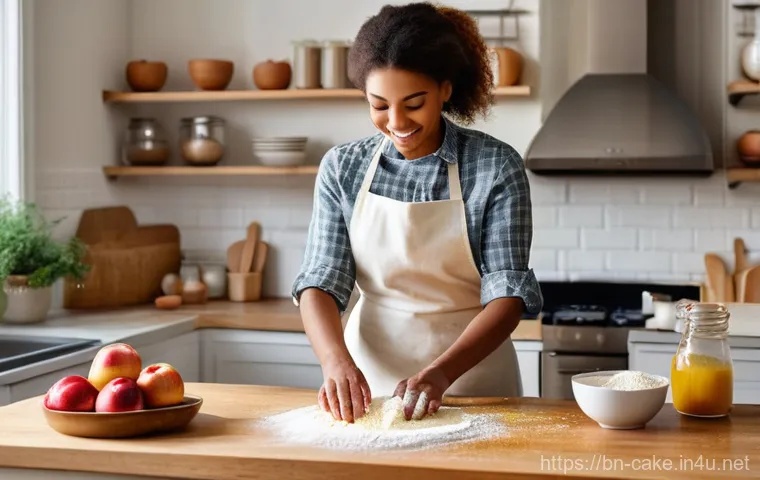 제과 자격증과 관련된 온라인 강좌 추천 - "A warm and inviting scene inside a cozy, sunlit kitchen. A young woman, dressed in a comfortable ye...