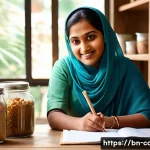 제과 관련 창업 사례와 수익 모델 - **Prompt:** A cozy, sunlit home bakery kitchen. A diligent Bangladeshi woman, in her late 30s, weari...